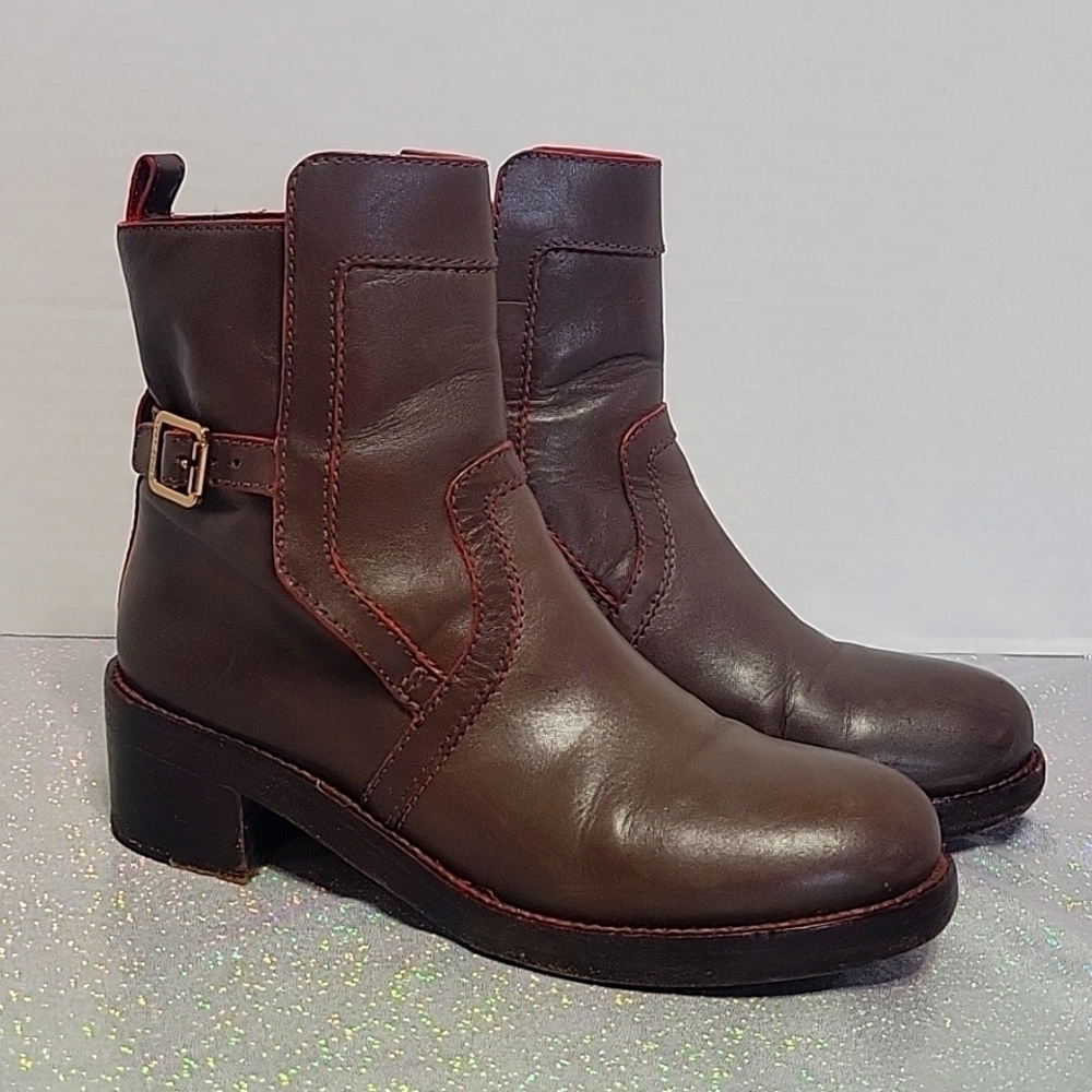 Tory Burch Brown Leather Brook Ankle Heeled Boots Buckle SZ: 5.5